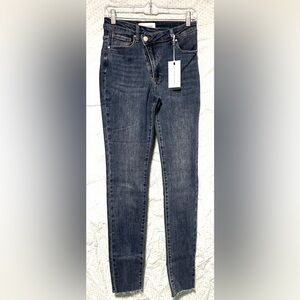 High-Rise long inseam Skinny Jeans in Dark Blue Denim